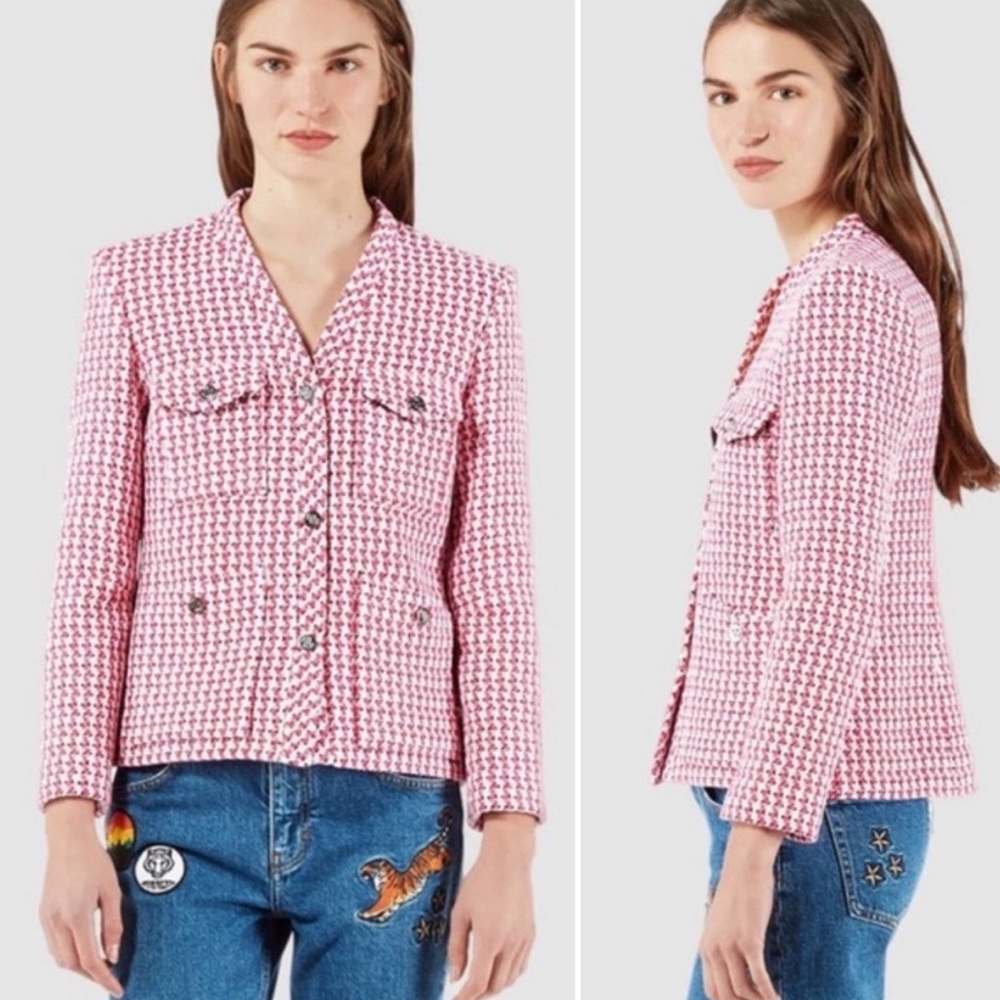 MAJE Vyza Tweed Woven Check Jacket Red/Pink/White Valentines Day, Size S